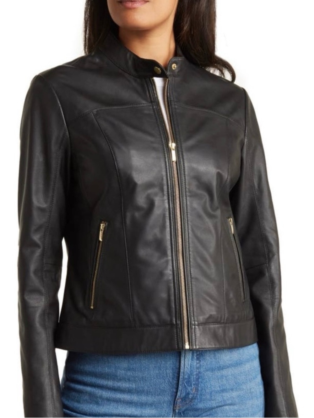 Cole Haan Black Leather Zip-Front Collar Jacket with Gold Hardware